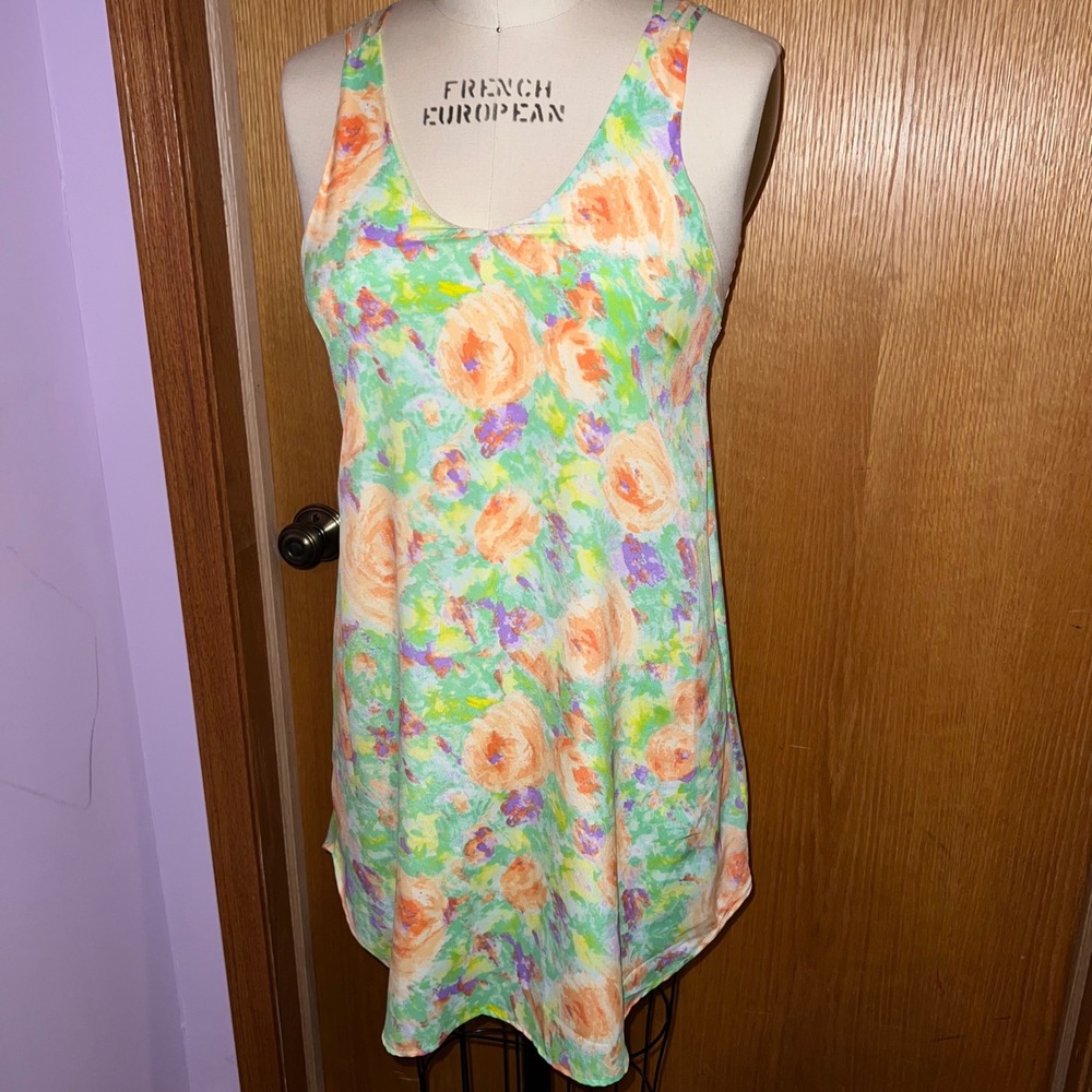 Lush Floral Mini Dress Womens Medium Green Orange‎ Strappy Racerback lightweight